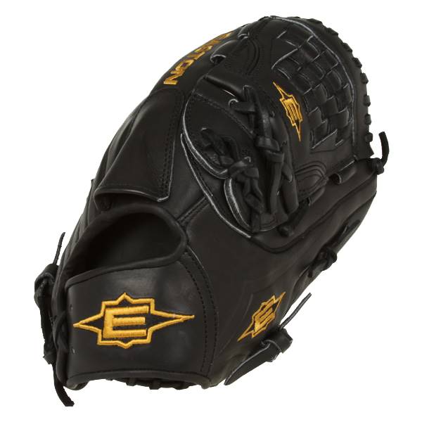 Top-down view of a black baseball glove with gold Easton branding and a webbed palm.