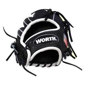 Front view of a black baseball glove with white lacing, WORTH logo, and American flag detail.