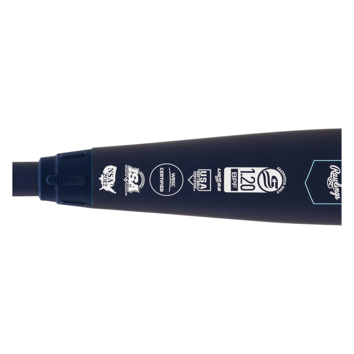 Close-up side view of a navy softball bat with multiple certification logos, FASTPITCH ONLY text, and Rawlings branding.