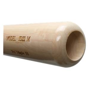 Close-up of a light wood baseball bat with MODEL JD22 M and Pro Maple 33 visible.