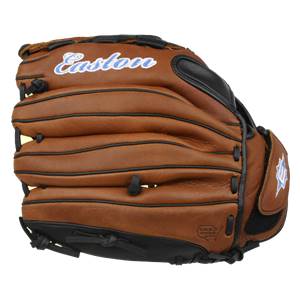 Side view of a brown Easton baseball glove with black lacing and a blue logo.