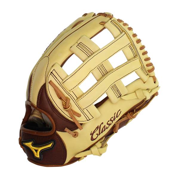 Side view of a tan and brown baseball glove with a lattice web and Classic text.