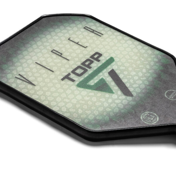 Corner view of a black pickleball paddle with VIPER and TOPP text and a green triangular logo.