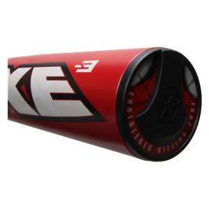 End view of a red baseball bat with a black cap and ENGINEERED HITTING ZONE text.