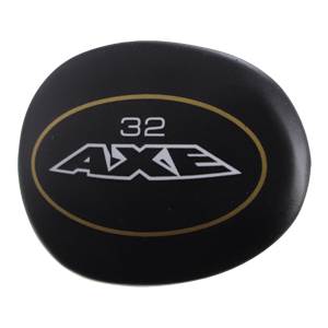 End view of a black baseball bat with a gold oval containing 32 and the white AXE logo.