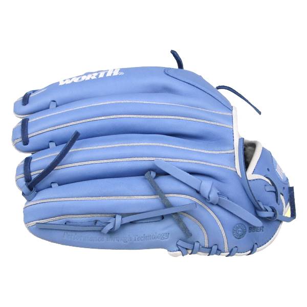 Front view of a Columbia blue Worth Liberty Advanced Series glove with WORTH. text and Performance through Technology embossed detail.