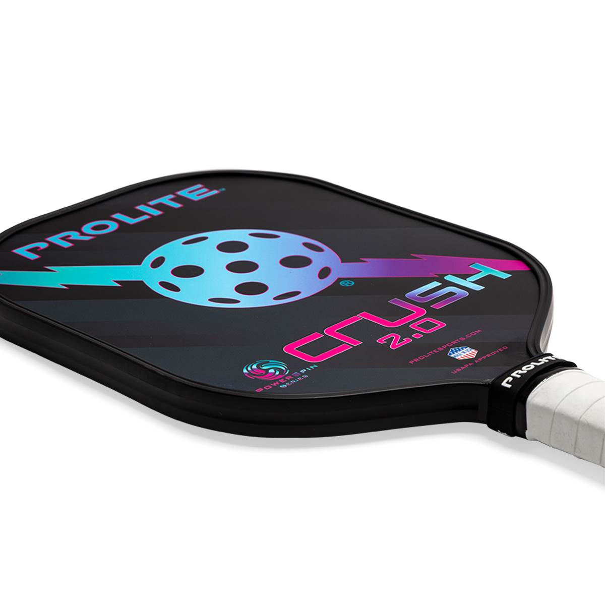 Corner view of a black pickleball paddle with PROLITE CRUSH 2.0 text and a perforated ball graphic.