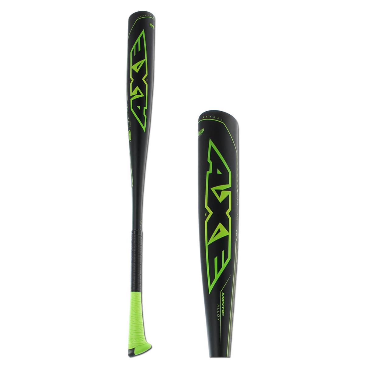 Side view of a black AXE baseball bat with green AXE logo and green grip.