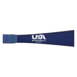 Side view of a dark blue baseball bat with a blue textured grip and white USA BASEBALL logo.