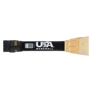 Close-up of a black baseball bat with USA Baseball logo and tan end cap.