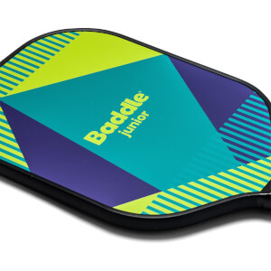 Top-down view of a colorful pickleball paddle with geometric patterns and Baddle Junior text.