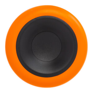 Top-down view of an orange baseball bat end cap with a black circular insert.