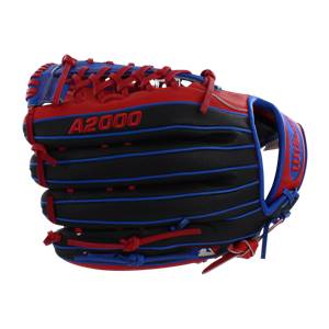 Side view of a black baseball glove with red and blue lacing and A2000 branding.