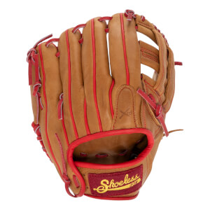 Front view of a tan baseball glove with red lacing, an I-web, and a Shoeless Joe logo on the wrist.