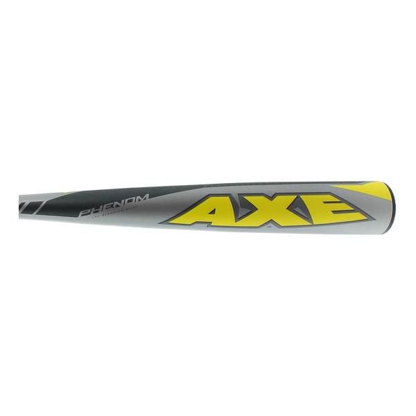 Side view of a gray and yellow baseball bat with PHENOM and AXE logos.