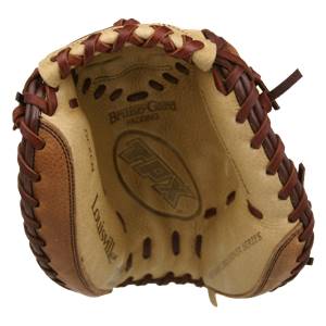 Interior view of a tan Louisville Slugger catchers mitt with TPX and Bruise-Guard Padding logos.