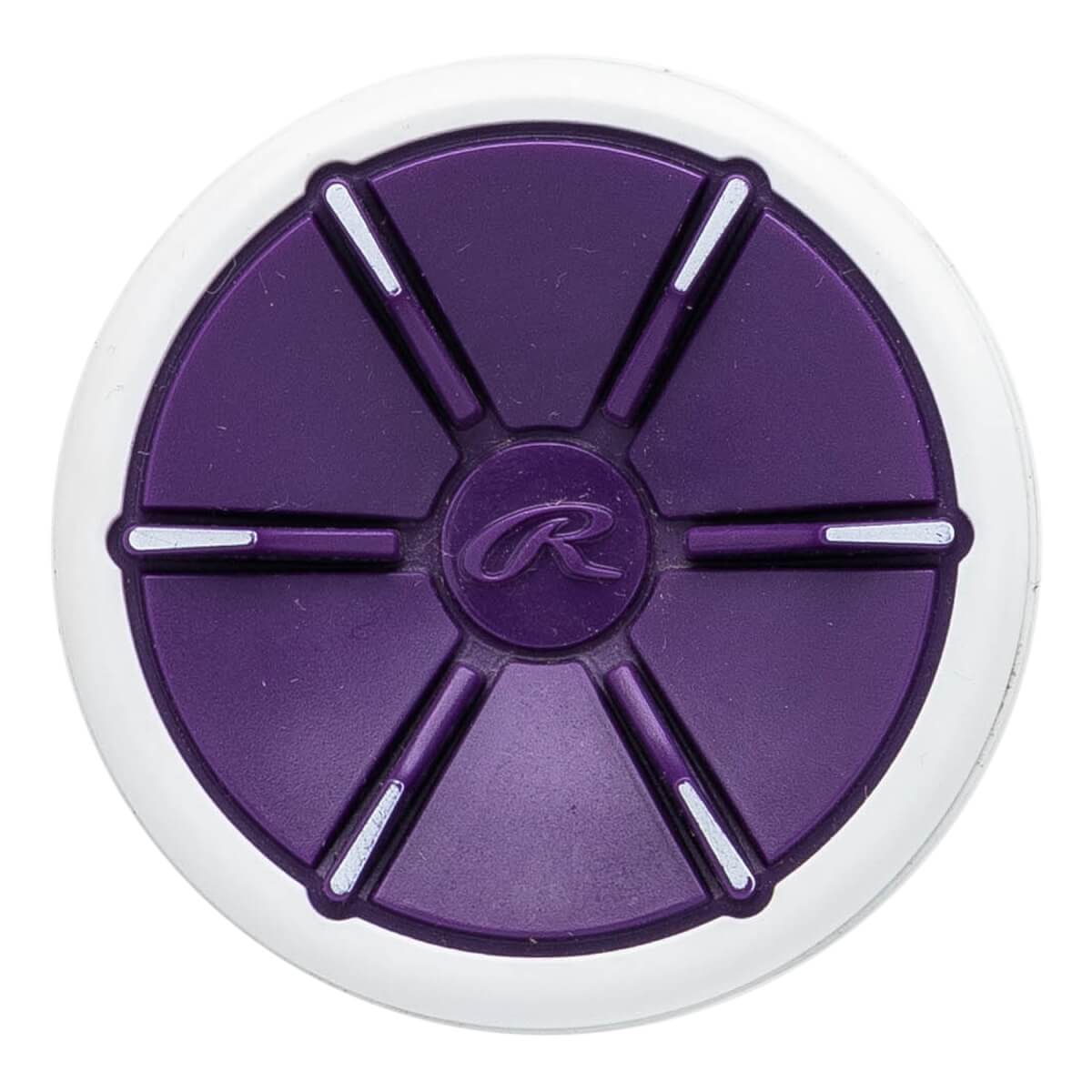 Top-down view of a purple softball bat end cap with a white rim and a Rawlings logo.