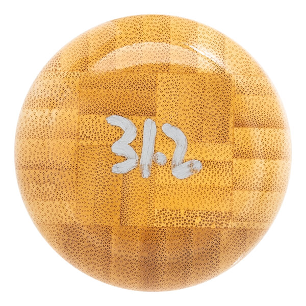 Top-down view of a bamboo baseball bat with a checkered pattern and 31.2 in white paint.