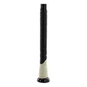 Close-up of a black baseball bat grip with a white taper and black end cap.