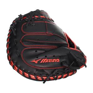 Side view of a black baseball catchers mitt with red stitching and a red Mizuno logo.