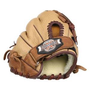 Close-up of a tan baseball glove with a brown leather strap and CROSSOVER logo.
