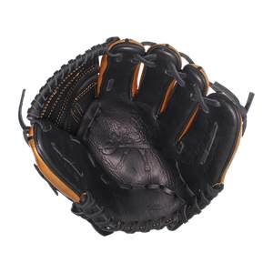 Top-down view of a black baseball glove with tan accents and 1125 embossed on the palm.