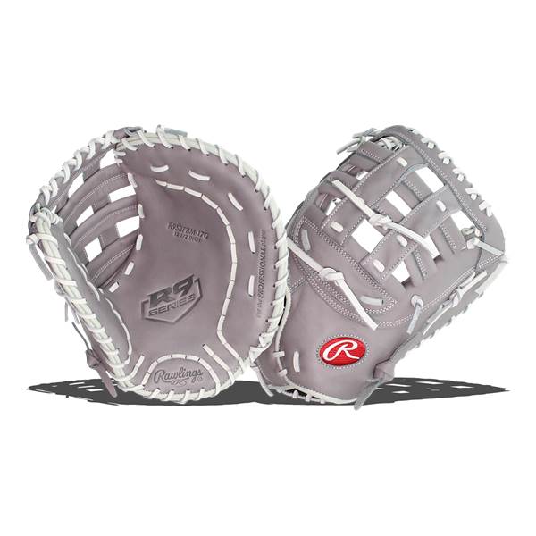 Top-down view of a gray fastpitch softball first base mitt with white stitching, R9 SERIES logo, and Rawlings branding.