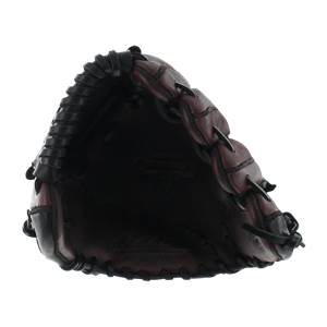 Top-down view of a brown baseball glove with black lacing and a deep pocket.