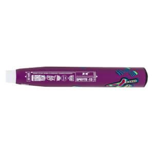 Side view of the purple DeMarini Spryte -12 barrel featuring teal graphics and text for SPRYTE -12, SPF-25, and USA Softball certification stamps.