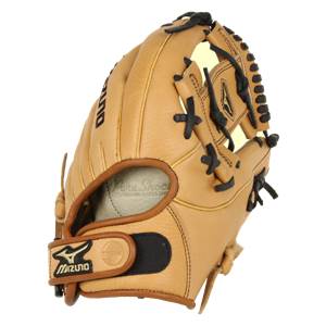 Top-down view of a tan fastpitch softball glove with black lacing and a Mizuno logo.
