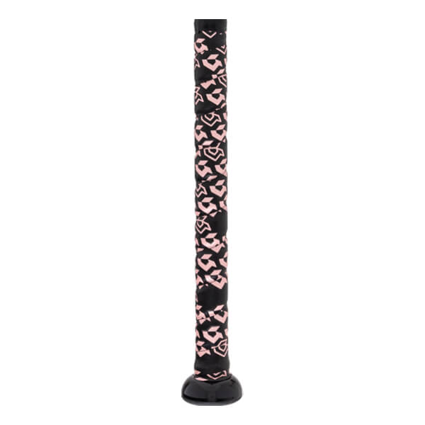 Handle view of a black fastpitch softball bat with pink geometric patterned grip tape and a black knob.