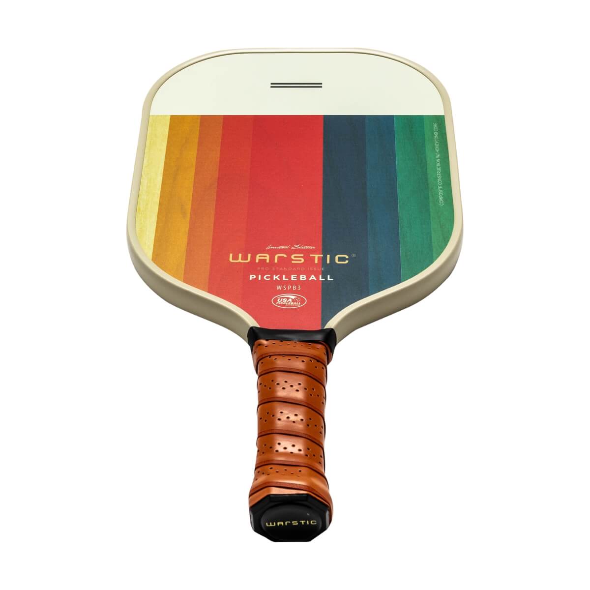 Front view of a cream pickleball paddle with a rainbow stripe design, Warstic branding, and a brown perforated grip.