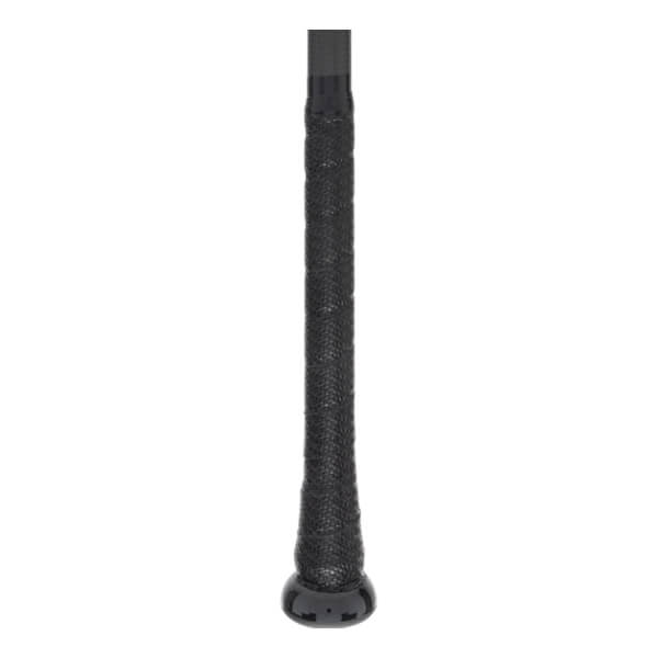 Close-up of a black baseball bat grip with a textured pattern and a shiny black knob.