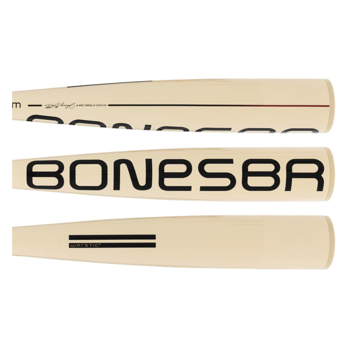 Composite view of a cream baseball bat with black BONESBR and WARSTIC text, a signature, and accent lines.