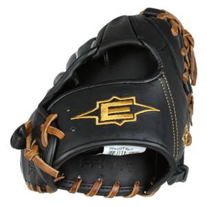 Side view of a black baseball glove with a gold Easton logo and tan lacing.