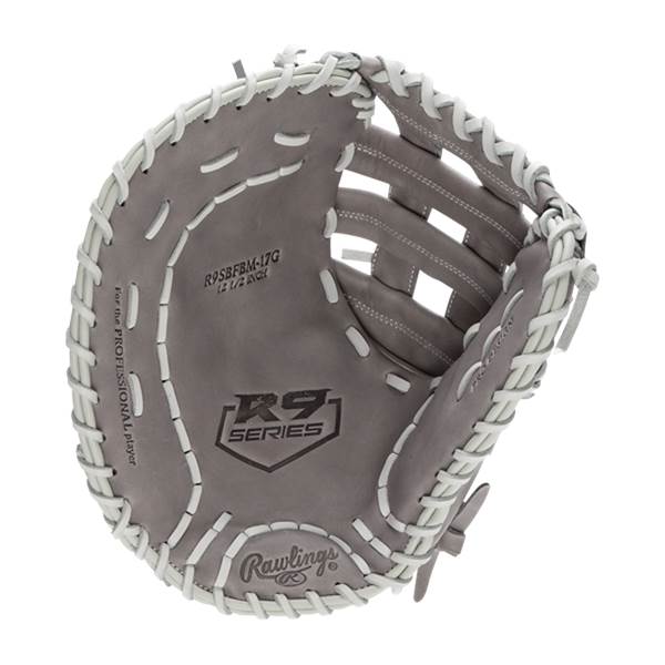 Inside view of a gray Rawlings R9 Series first base mitt with white lacing and R9 SERIES logo.