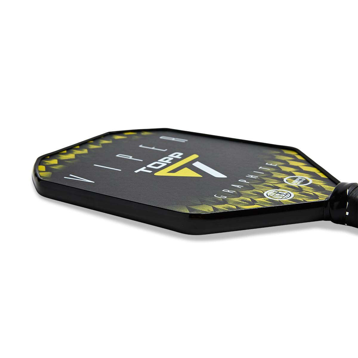 Side view of a black pickleball paddle with yellow geometric accents, a white TOPP logo, and GRAPHITE text.