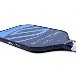 Side view of a black pickleball paddle with blue Selkirk branding and MACH 6 text.