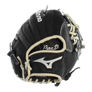 Front view of a black baseball glove with Para Shock and Mizuno logo.