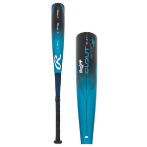 Side view of a blue and black baseball bat with Rawlings logo and CLOUT text.
