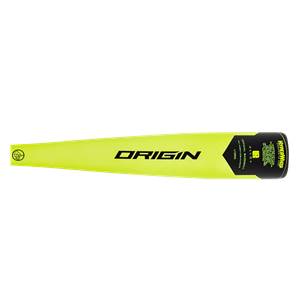 Top-down view of a neon yellow baseball bat with ORIGIN and HYPERWHIP text.