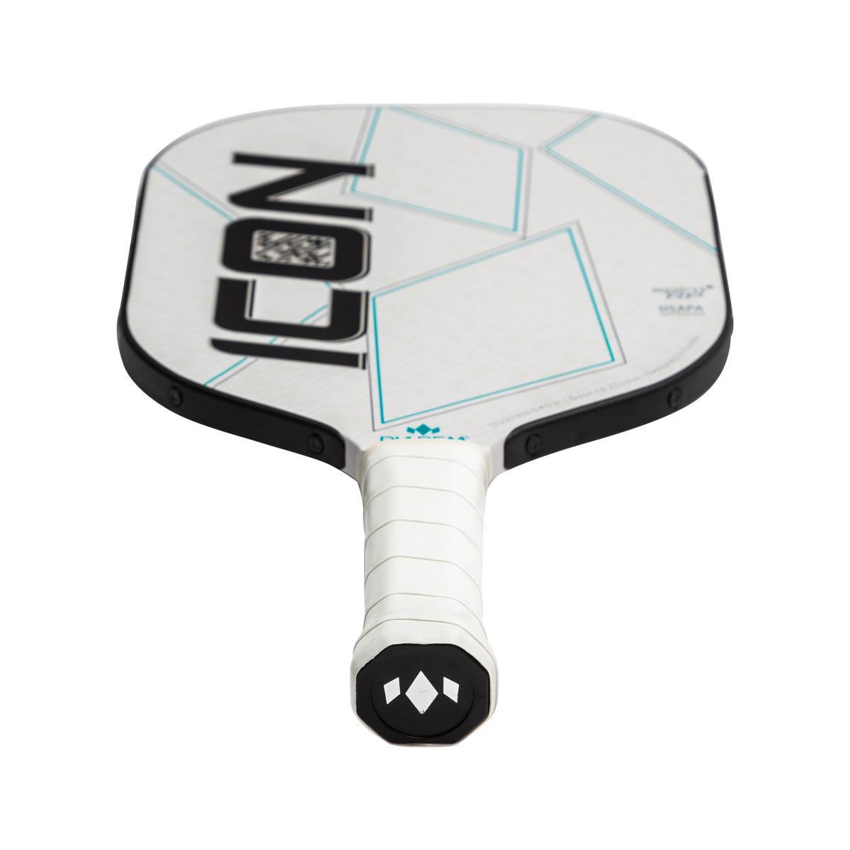 Top-down view of a white pickleball paddle with black ICON text and geometric blue lines.