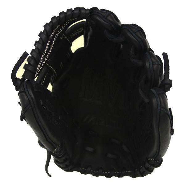 Top-down view of a black baseball glove with white stitching and embossed logo.