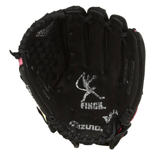 Top-down view of a black youth softball glove with pink accents, Finch logo, and Mizuno branding.