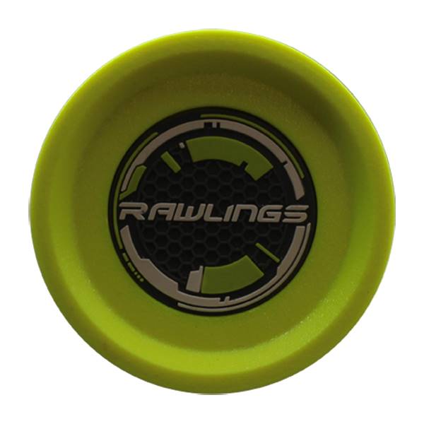 Top-down view of a lime green baseball bat with Rawlings logo and hexagonal pattern.