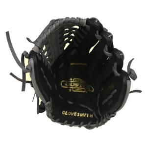 Inside view of a black baseball glove with gray lacing, a gold Glovesmith logo, and Sure-Trap Pocket text.