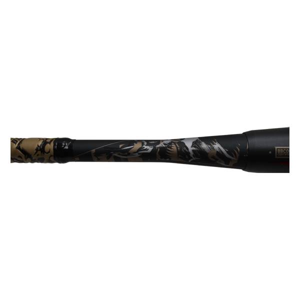 Close-up of a black baseball bat with a tan and black tribal pattern and BBCOR text.