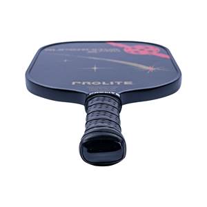 Top-down view of a black pickleball paddle with PROLITE text and a red comet design.