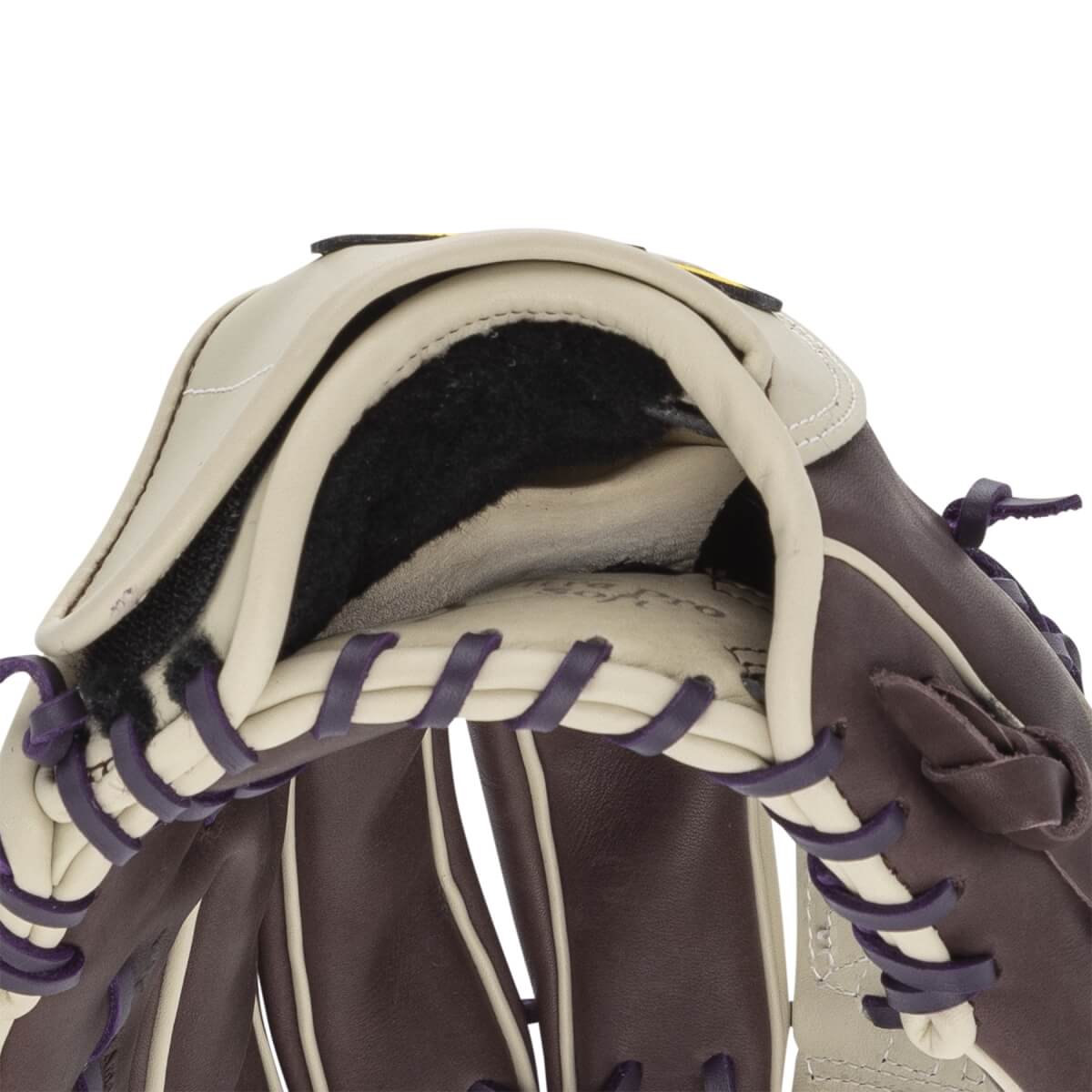 Close-up of a brown and tan softball glove with purple lacing and black lining.