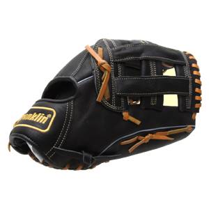 Side view of a black baseball glove with tan lacing and a Franklin logo.